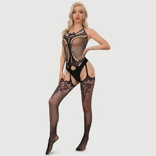 Model Design Garter Open Bodystocking - Black - One Size