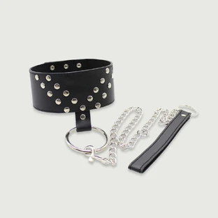 Collar de cuero con tachuelas y cadena - Negro