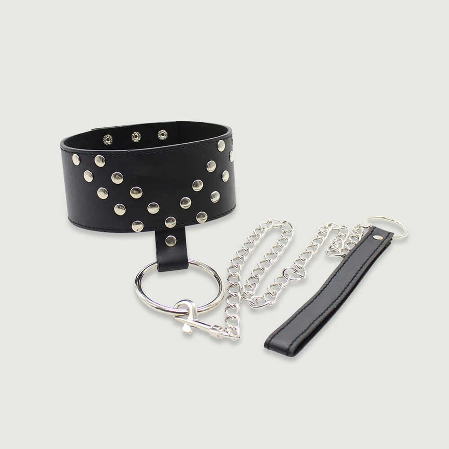 Collar de cuero con tachuelas y cadena - Negro
