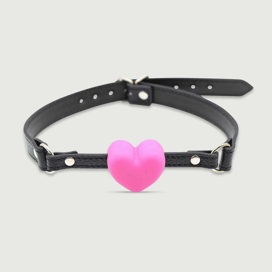 Herzförmiger Ballknebel mit Lederriemen - Pink/Schwarz