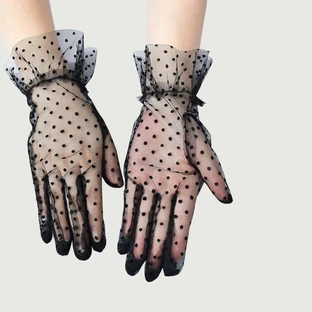 Mesh Gloves With Polka Dots - Black - One Size