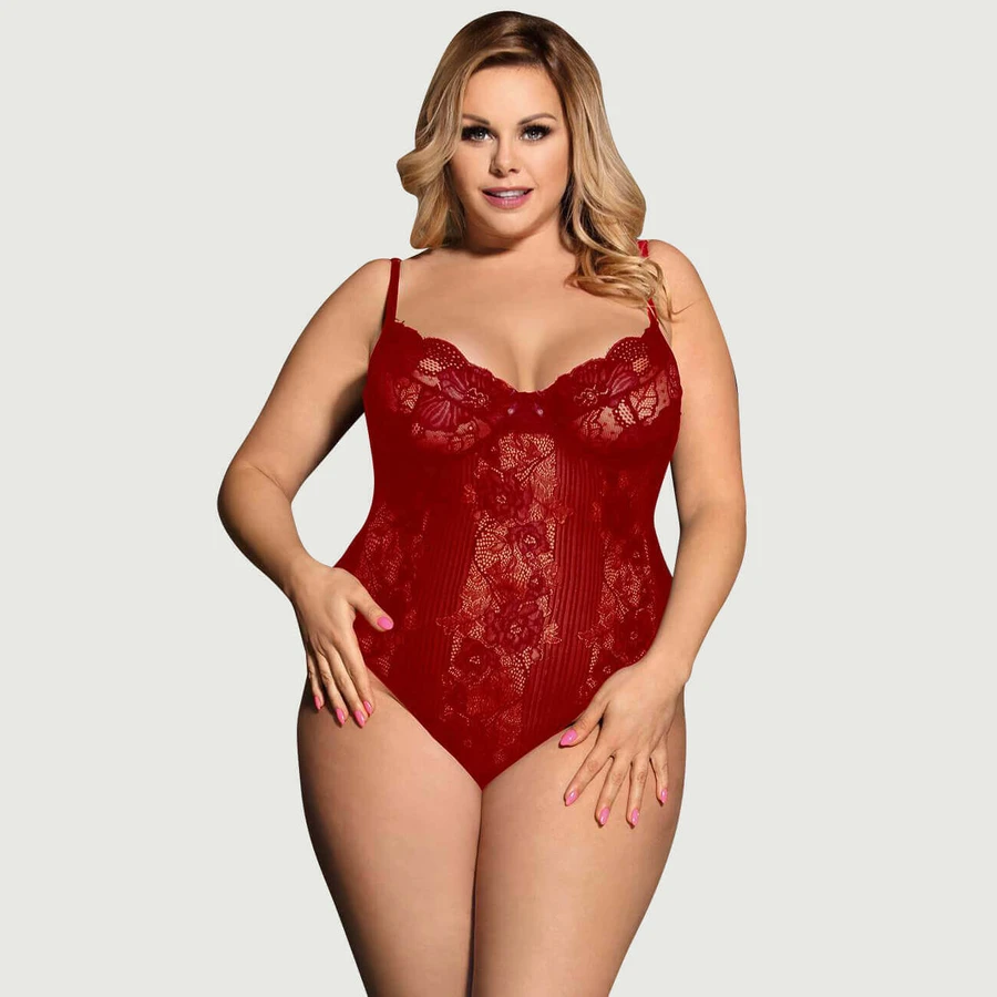 Tallas Grandes Hollywood Sheer Lace Teddy - Rojo - Large/X-Large