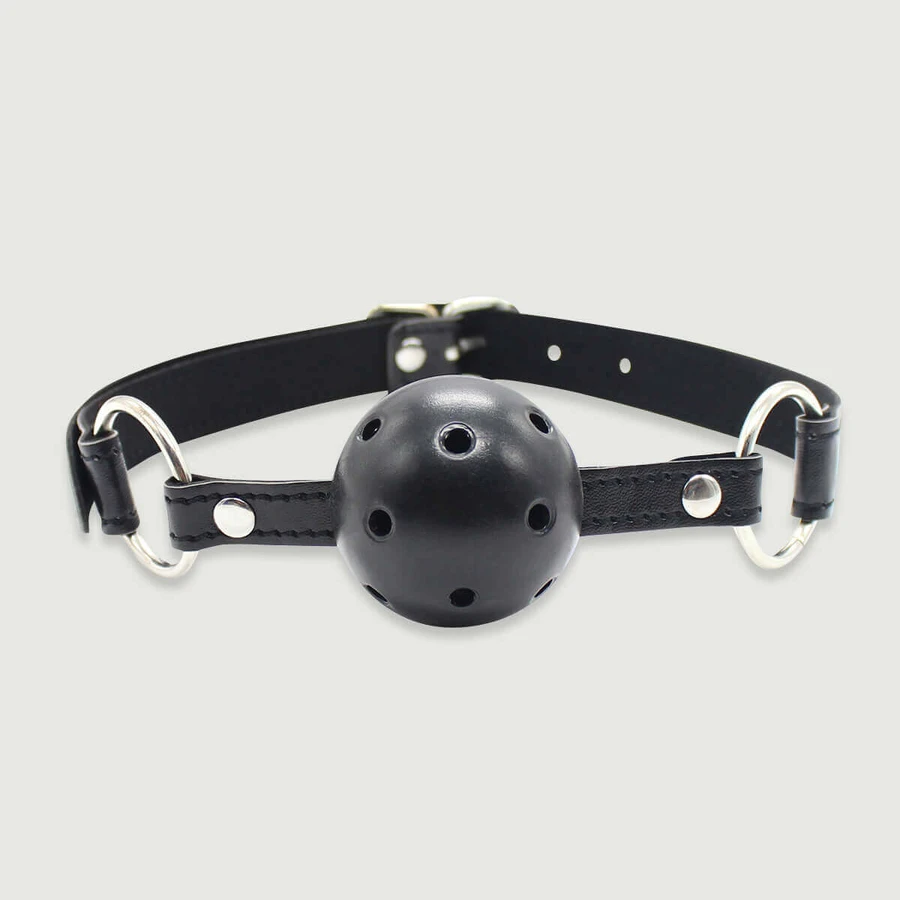 Atmungsaktiver Ballknebel mit Silikonball & Lederband mit O-Ringen - Schwarz