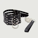 Breites gestreiftes Lederhalsband mit Kette und Leine - Schwarz