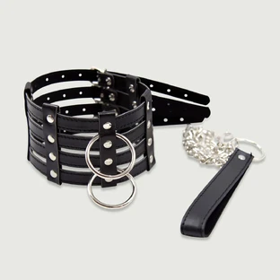Collier large en cuir rayé avec chaîne et laisse - Noir