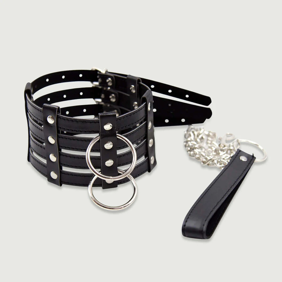 Collier large en cuir rayé avec chaîne et laisse - Noir