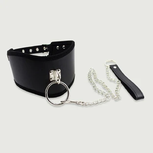 Wide Leather Collar With Double Buckle & Leash - Black