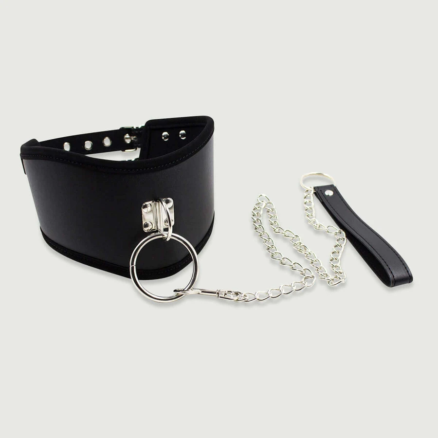 Brede Leren Halsband Met Dubbele Gesp & Leiband - Zwart