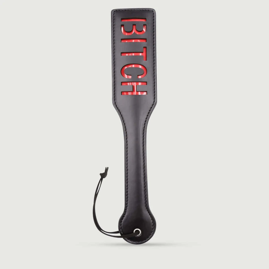 Domme Series Leather Paddle With BITCH Cutout - Black