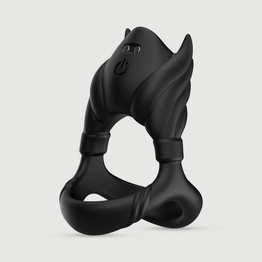 Anneau vibrant triple en silicone avec oreilles - noir