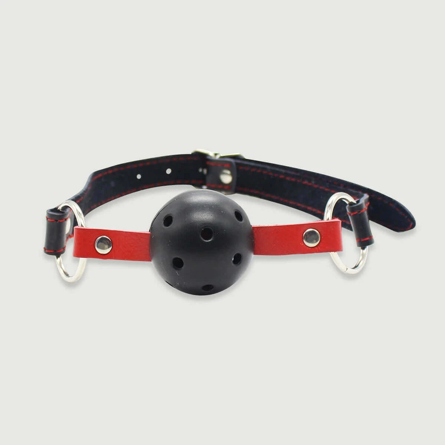 Breathable Ball Gag With Silicone Ball & Leather Strap With O Rings - Red/Black