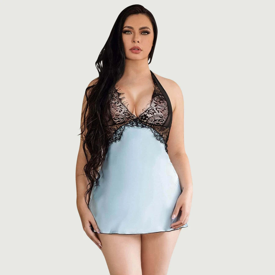 Plus Size Sexy Deep V Neck Backless Dress - Blue - Large/X-Large