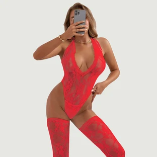 Plus Size Halter V Neckline Lace Teddy With Stockings - Red - Large/X-Large