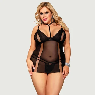 Nuisette élégante en dentelle à encolure pendante, sexy, taille plus - Noir - Large/X-Large