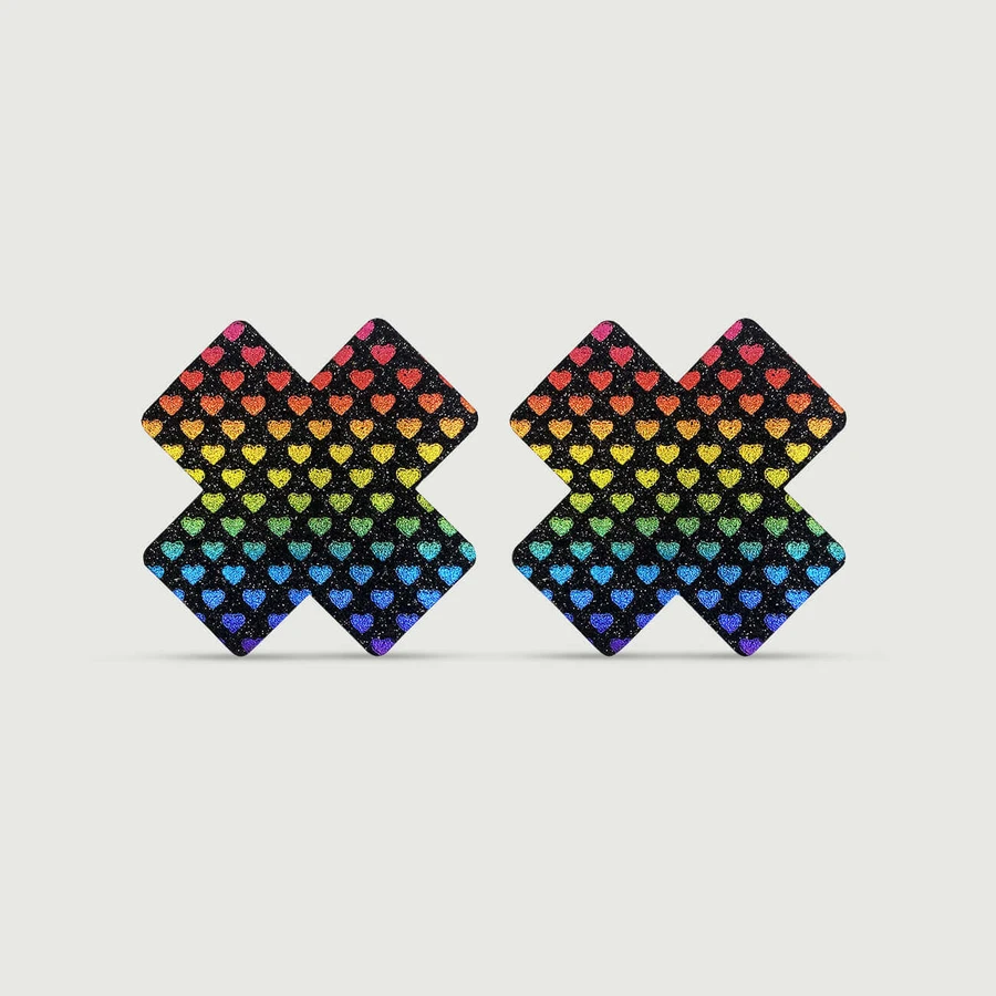 Cross Shape Nipple Covers With Colorful Hearts - Multicolour