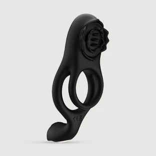 Anneau double en silicone flexible avec stimulateur clitoridien et périnéal - Noir