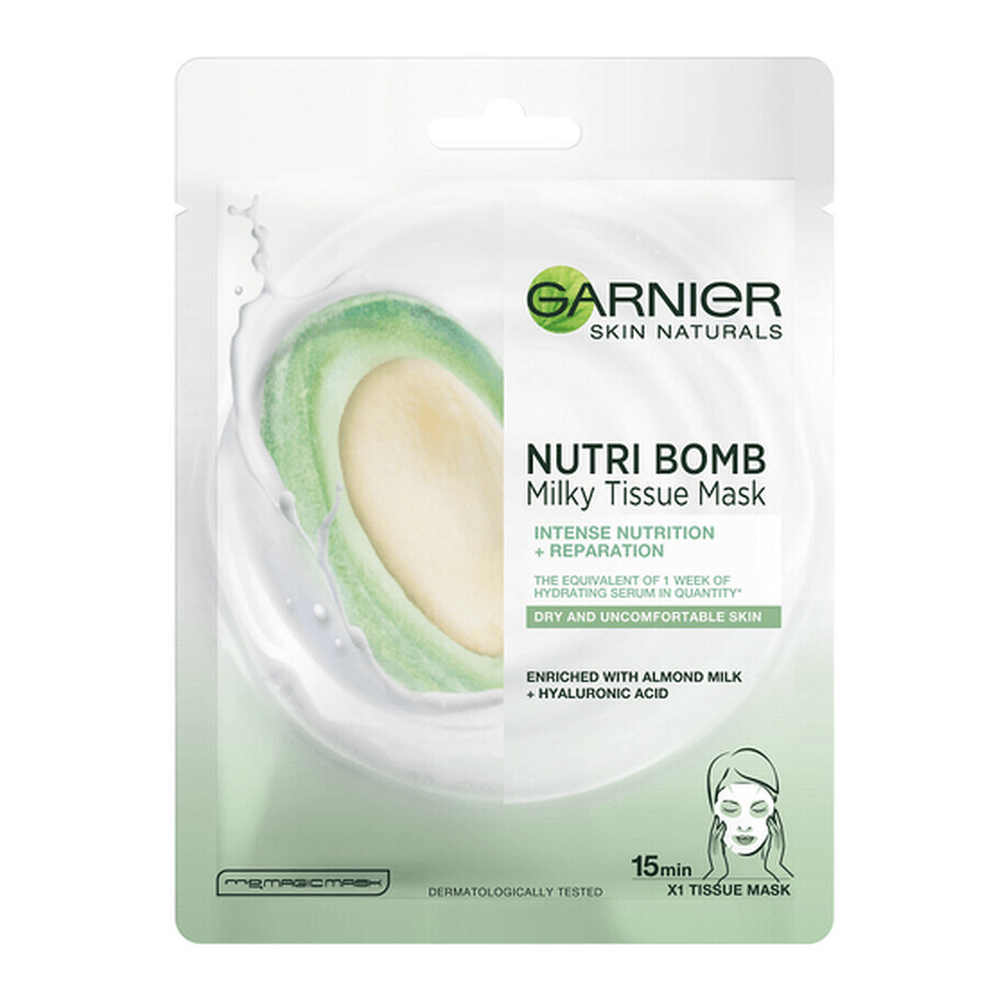 Buy Nutri Bomb Skin Naturals Almond Milk and Hyaluronic Acid Serum Mask, 28 g, Garnier Nutri Bomb Skin Naturals Almond Milk and Hyaluronic Acid Serum Mask, 28 g, Garnier