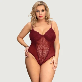 Plus Size Crotchless High Quality Lace Splicing Sexy Teddy With Underwire - Red - Large/X-Large