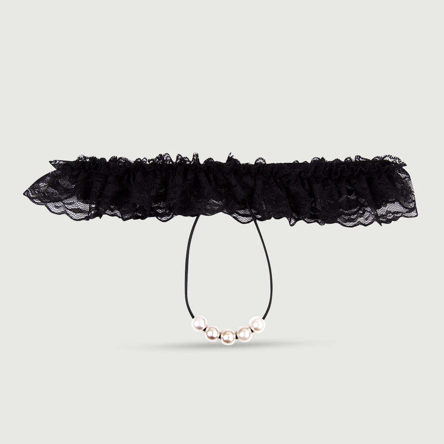 Pearl & Lace String Panty - Black
