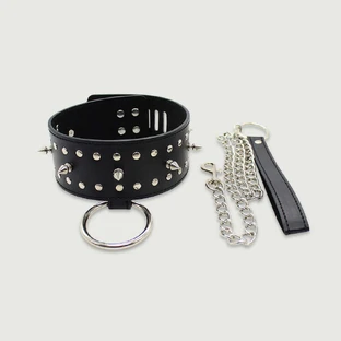 Leather Collar With Lock, Symmetrical Studs & Strap - Black