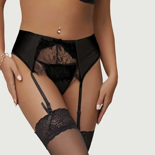 Plus Size Transparent Lace Garter Panty - Black - Large/X-Large