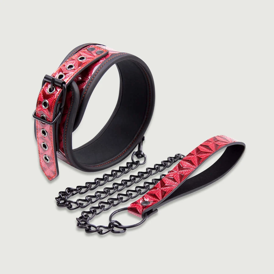 Collar With Chain & Leather Leash - Red