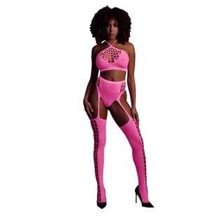 Glow In The Dark Two Piece met Crop Top & Kousen - Roze - Eén Maat