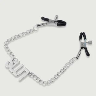 Nipple Clamps With Chain & SLUT Tag - Silver