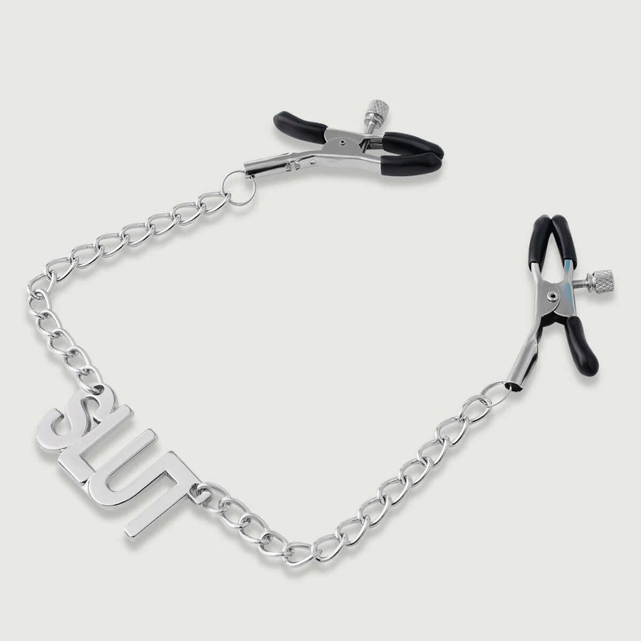 Pinzas para pezones con cadena y etiqueta SLUT - Plata