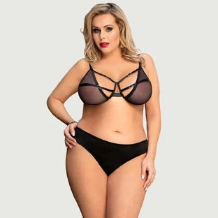 Plus Size Mesh Perspective Fashion Bra Set Without Underwire - Black - Large/X-Large