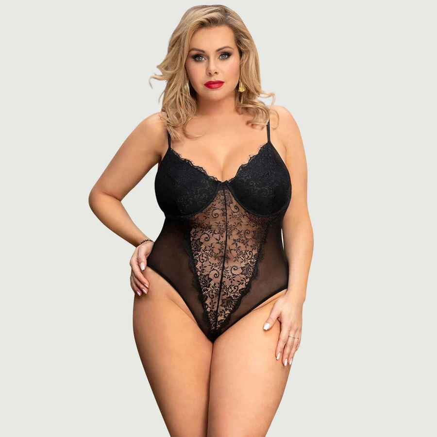 Plus Size Crotchless High Quality Lace Splicing Sexy Teddy With Underwire - Black - Large/X-Large