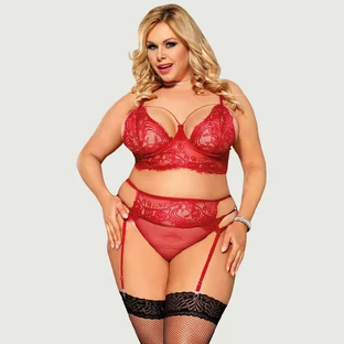 Conjunto de sujetador de encaje con busto abierto y liguero con aro de acero - Rojo - Grande/X-Large