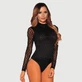 Minimalist High Neck Mesh Plus Size Bodysuit - Noir - Large/X-Large