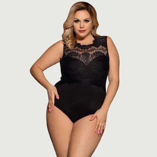 Sexy pestaña de encaje de malla abierta entrepierna Body sin mangas Plus Size - Negro - Large/X-Large