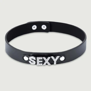 Lederhalsband mit Strass SEXY - Schwarz