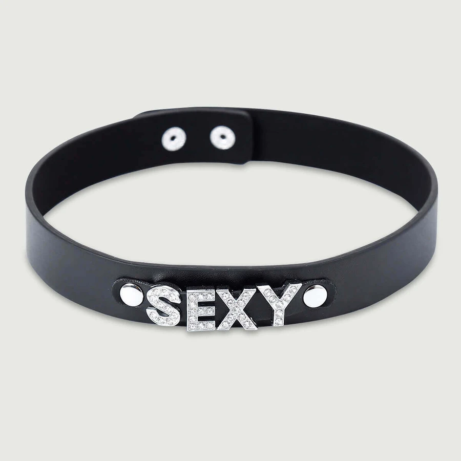 Lederhalsband mit Strass SEXY - Schwarz