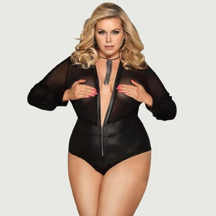 Plus Size Rits Lederen Teddy met V-hals - Zwart - Large/X-Large