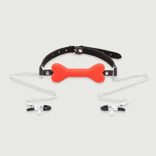 Silicone Bone Gag With Nipple Clamps - Red