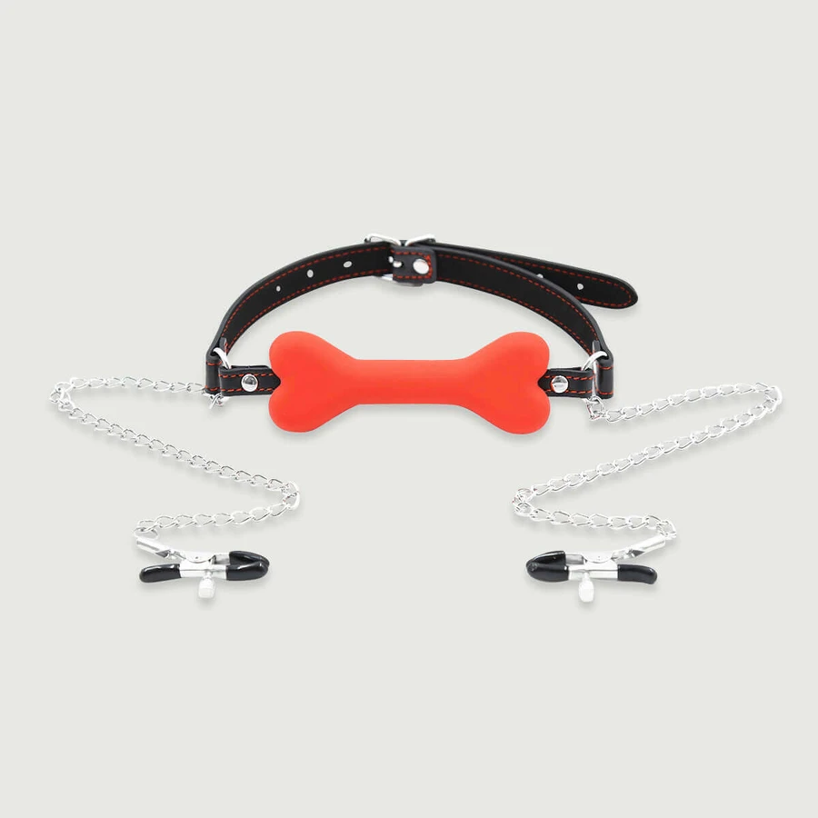 Silicone Bone Gag With Nipple Clamps - Red