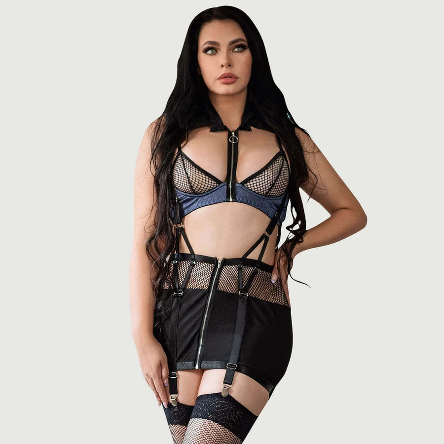 Top de soutien-gorge en maille avec fermeture éclair sur le devant et robe sexy sans dos Costume - Noir - Grand/X-Large