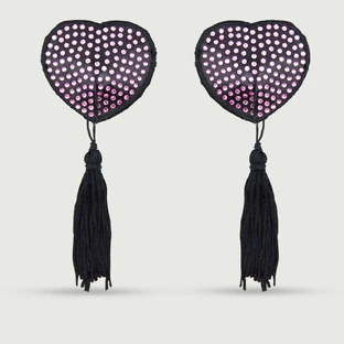 Herzförmige Strass Nippel Pasties mit Quasten - Rosa