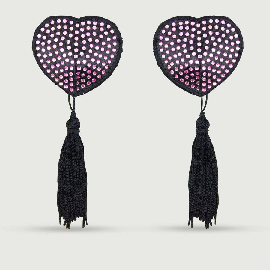 Herzförmige Strass Nippel Pasties mit Quasten - Rosa