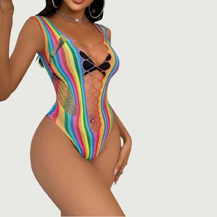 Bodystocking Sexy Mesh Rainbow Hollow Out Bodysuit - Multicolour - One Size