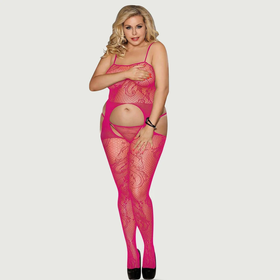 Plus Size Sexy kruisloze visnet bodystocking - Roze - Large/X-Large