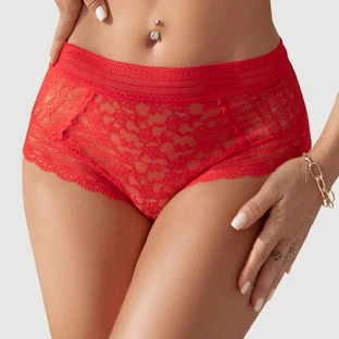Culotte sexy taille haute en dentelle florale de haute qualité - Rouge - Taille unique