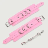 Leather Handcuffs With Chain & Triple Rings - Pink