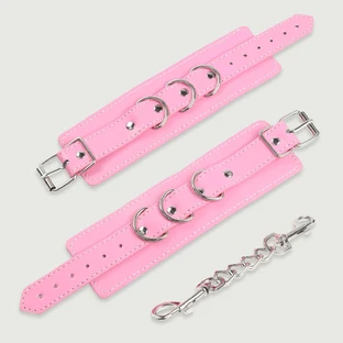 Esposas de cuero con cadena y anillas triples - Rosa