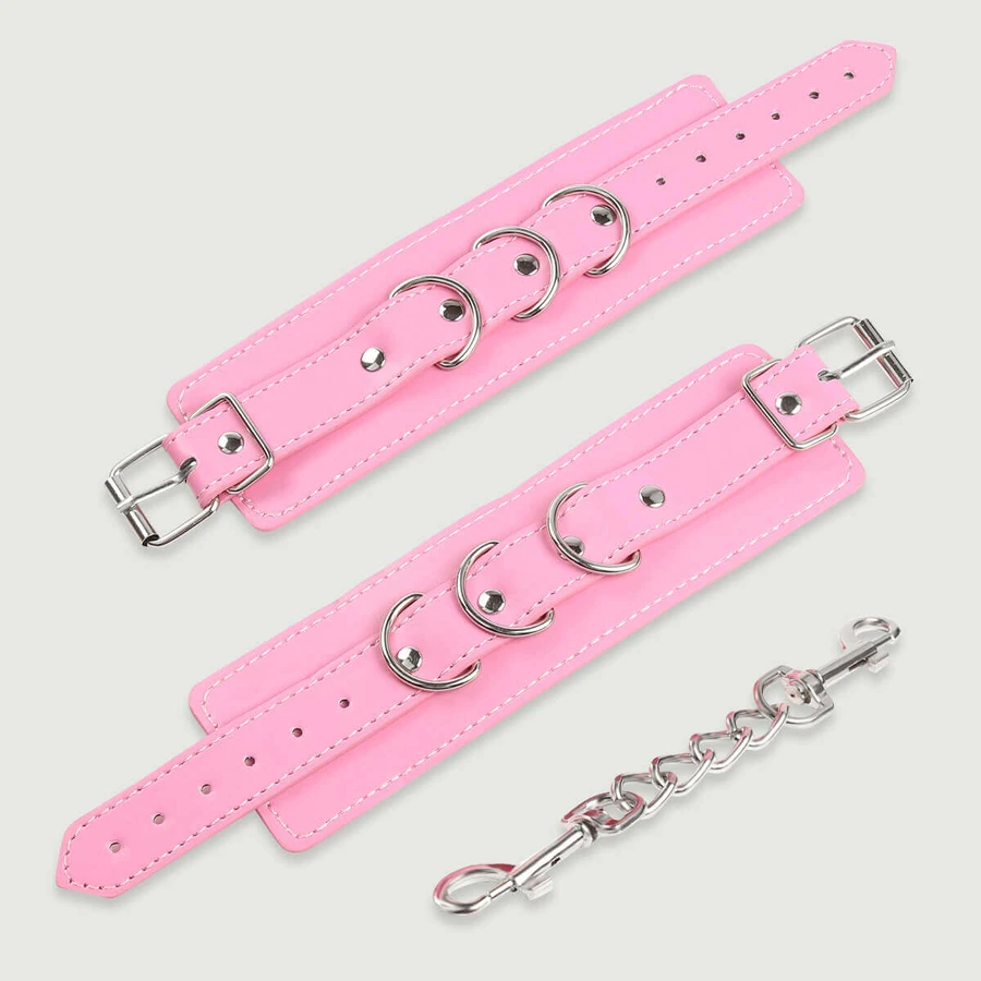 Esposas de cuero con cadena y anillas triples - Rosa