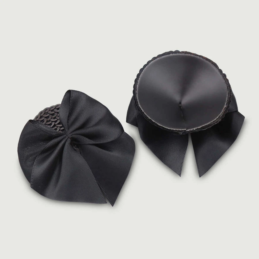 Satinschleife Nippelpasties mit Spitzenbasis - Schwarz