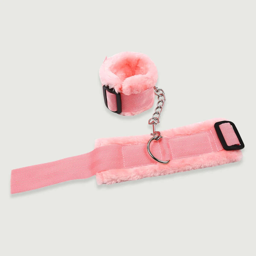 Furry Handcuffs With Soft Lining & Metal Chain - Pink